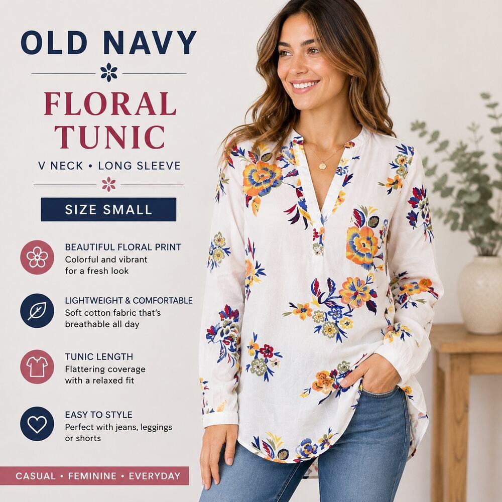 Old Navy Womens Tunic Small Floral Print White V Neck Long Sleeve Blouse